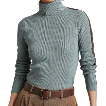 LAUREN Ralph Lauren Petite Faux-Leather-Trim Turtleneck Sweater