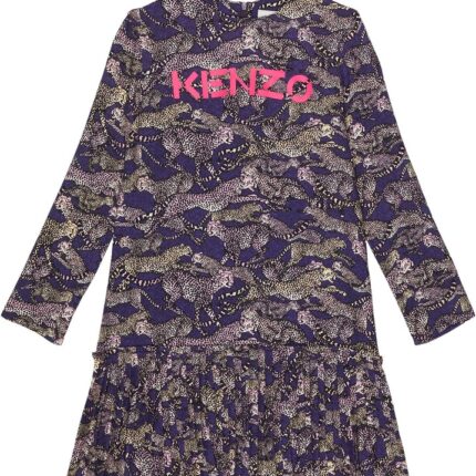 Kenzo Kids Leopard Print Long Sleeve Dress (Big Kids)